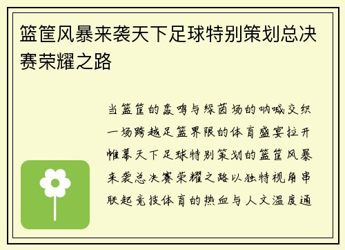 篮筐风暴来袭天下足球特别策划总决赛荣耀之路